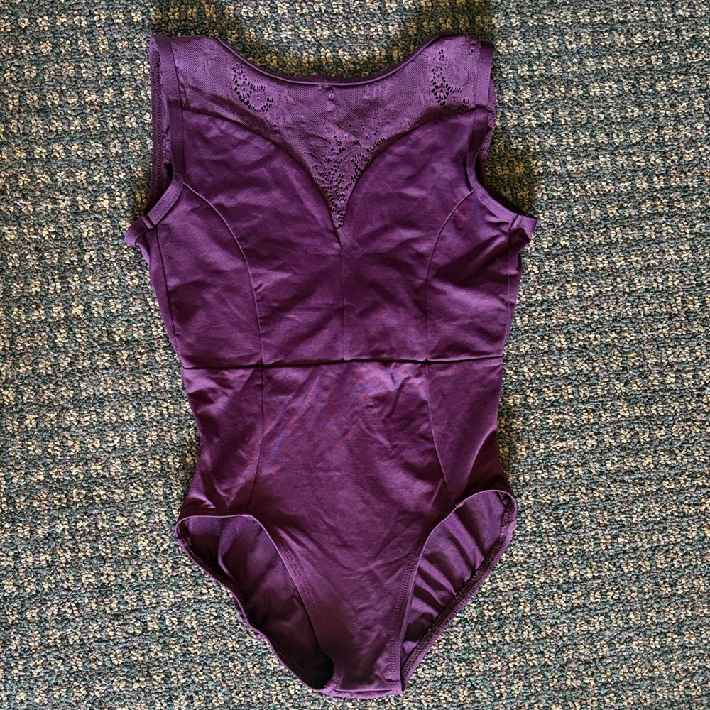 Beautiful plum purple tank leotard with mesh insets